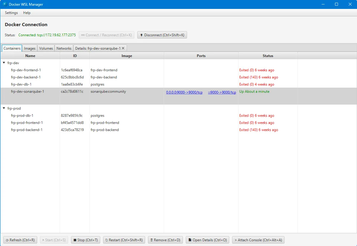 Docker WSL Manager s kontejnery seskupenými podle projektu Docker Compose a se sloupci obraz, porty a stav.